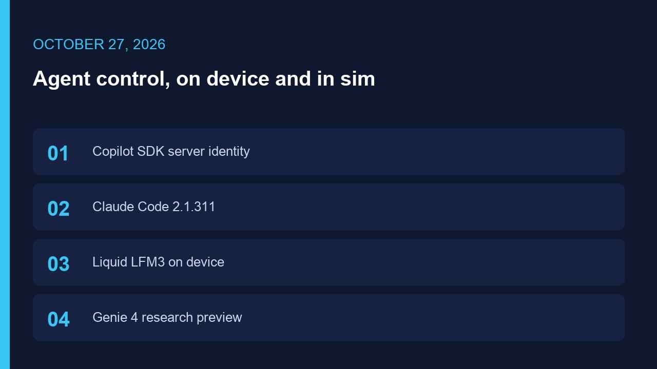 October 27 agent guide cover listing Copilot SDK identity, Claude Code 2.1.311, Liquid LFM3, and Genie 4