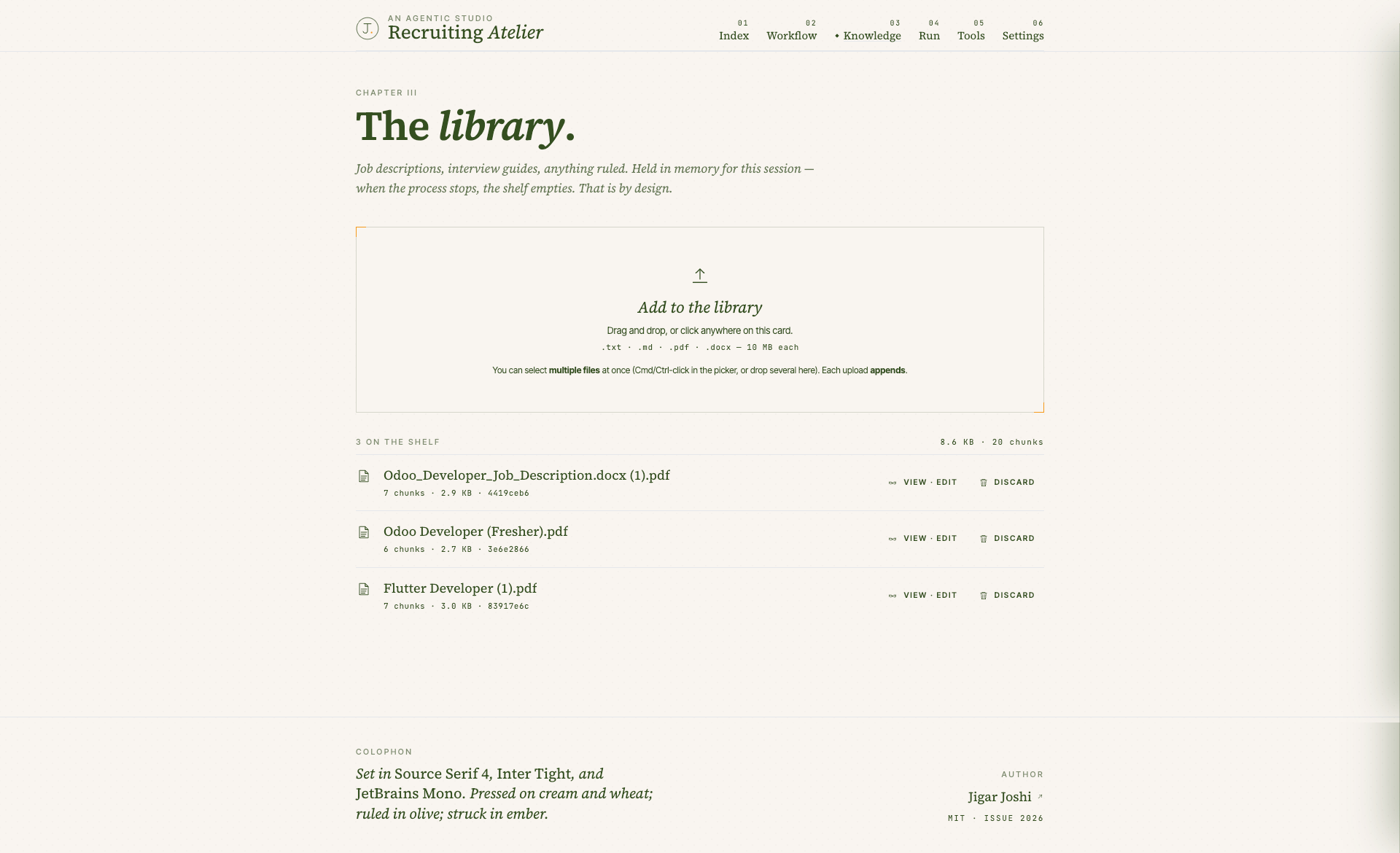 Knowledge base chapter with drop zone and per document rows