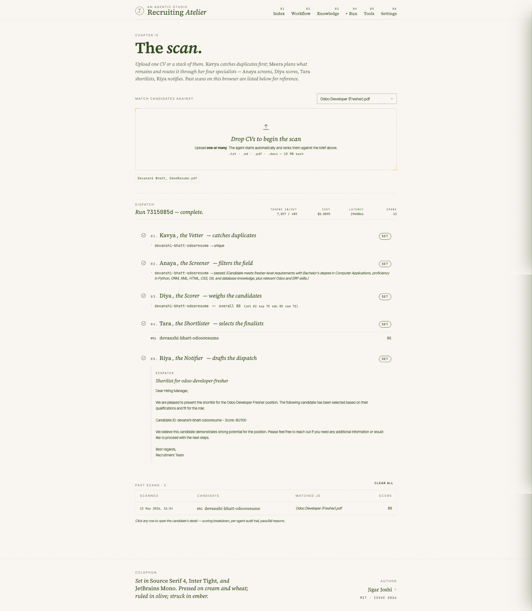 The scan page with five agents showing status pills and a past scans table