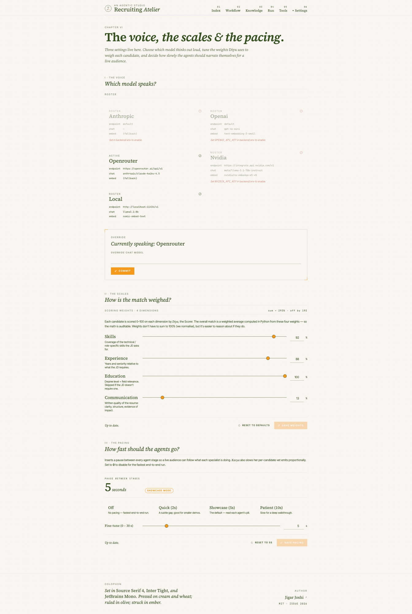 Settings page with provider grid, scoring weight sliders, and pacing presets