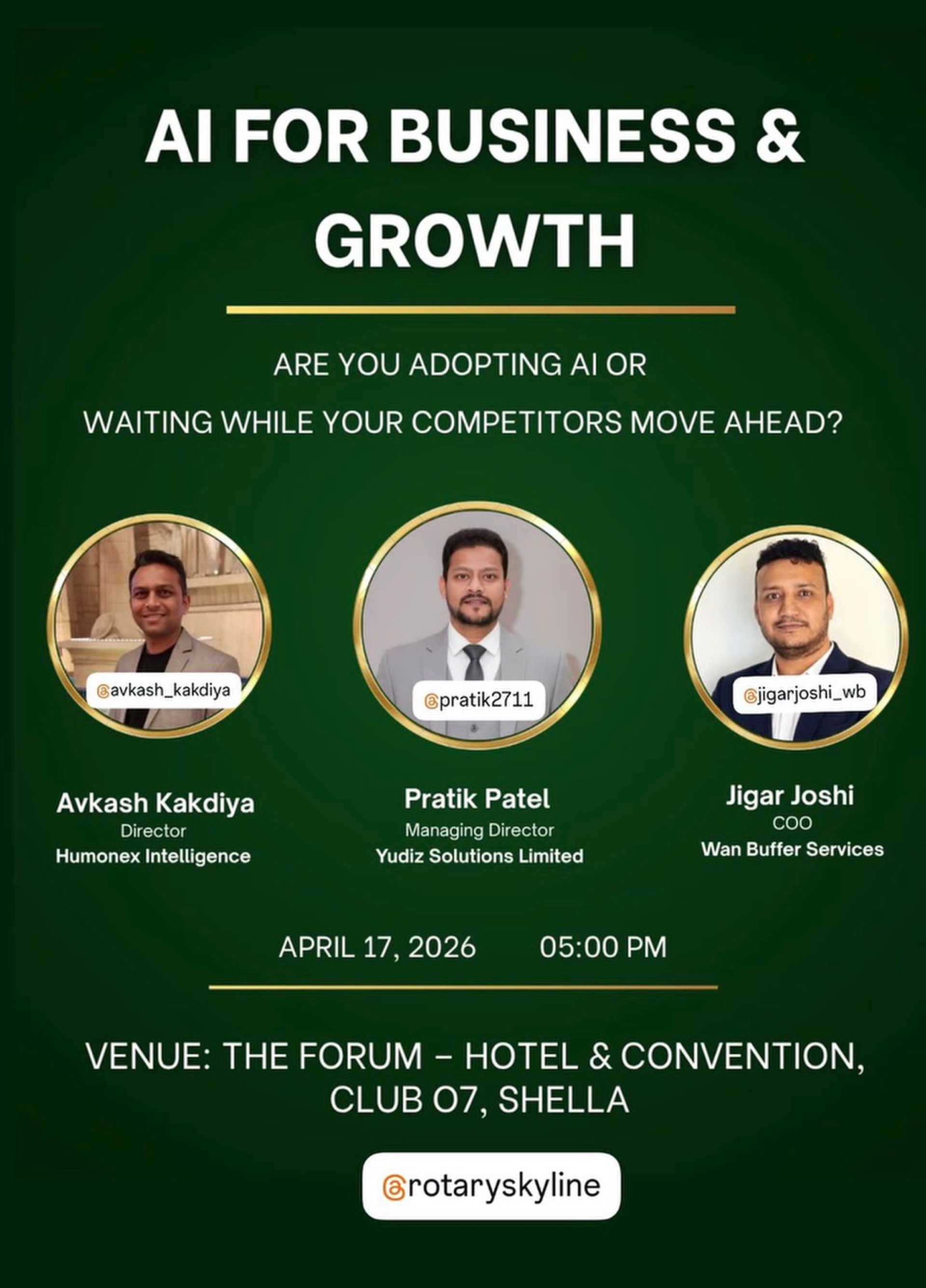 "AI for Business & Growth" panel poster — Avkash Kakdiya, Pratik Patel, and Jigar Joshi at Networkers Mahakumbh 2.0 Business Conclave 2026