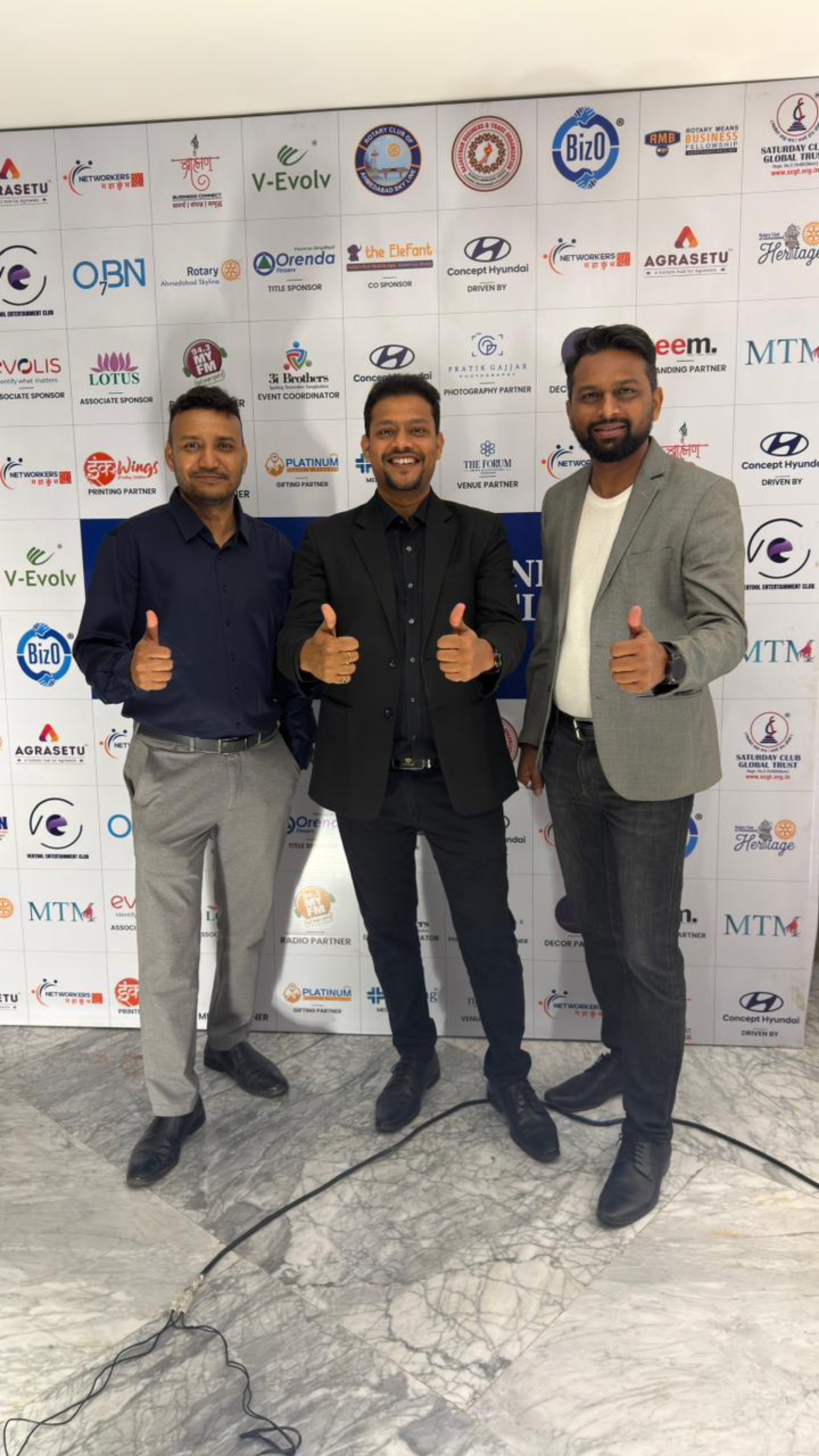 Jigar Joshi with panel co-speakers Avkash Kakdiya and Pratik Patel after the "AI for Business & Growth" panel at Networkers Mahakumbh 2.0